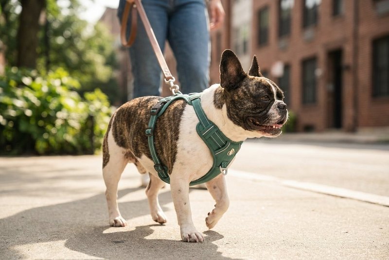 French Bulldog walking on a sidewalk in a well-fitted green harness, a flat-faced breed that benefits from a harness