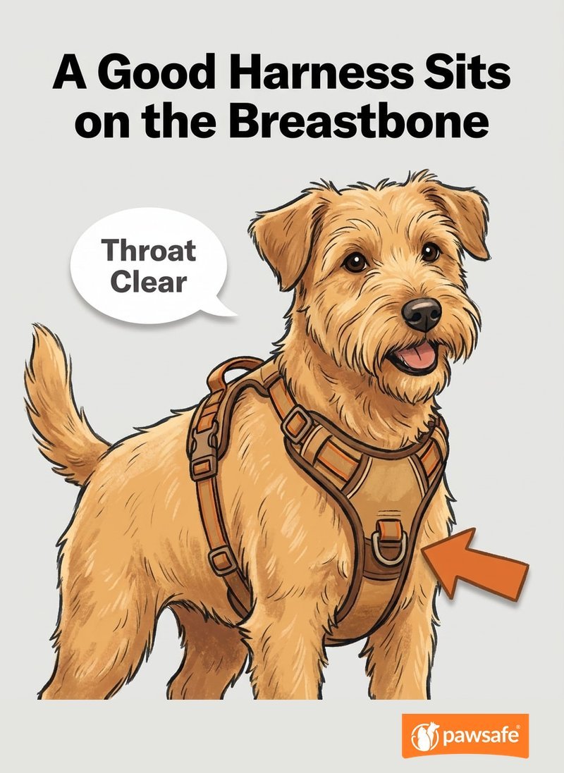 Illustration of a dog in a Y-shaped harness resting on the breastbone with the throat clear, showing a good harness fit
