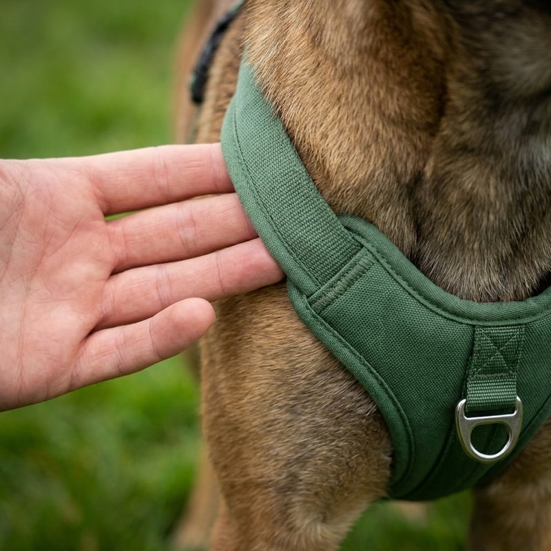 Close-up of two fingers slipped under a dog's padded chest harness strap to check the fit behind the front leg