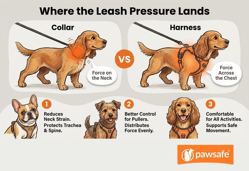 Infographic comparing how a collar concentrates leash force on a dog's neck while a harness spreads it across the chest