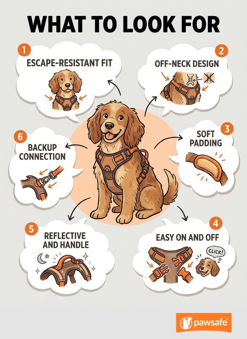 Illustrated checklist of six features to look for in a harness for dogs with anxiety