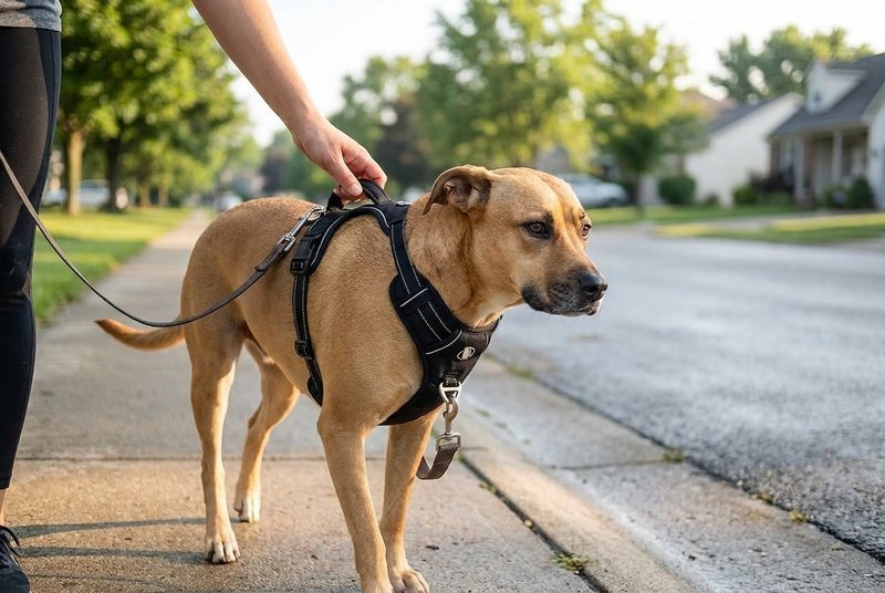 Nervous rescue dog walking calmly beside its owner in a Classic Black padded no-pull harness