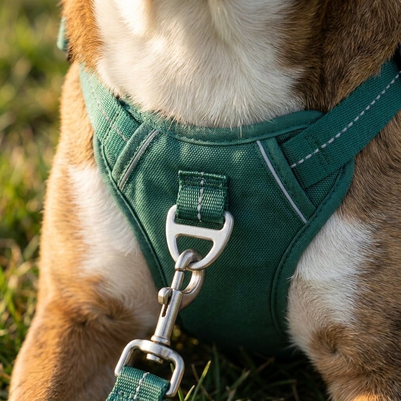 Close-up of a padded no-pull harness front chest ring, leash clip, and reflective stitching
