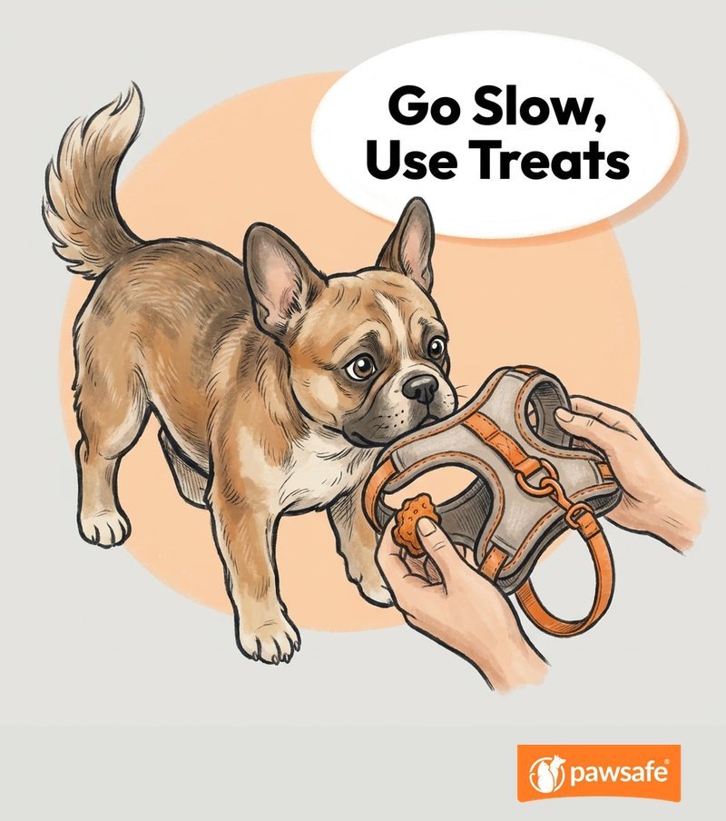 Owner introducing an anxious dog to a harness slowly using a treat