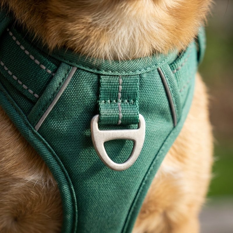 Close-up of a green padded harness chest plate and front D-ring sitting low on a small dog's sternum, well below the throat