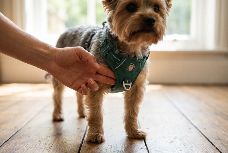 An owner slides two fingers under the chest strap of a Yorkshire Terrier's green harness to check the fit, neck opening low