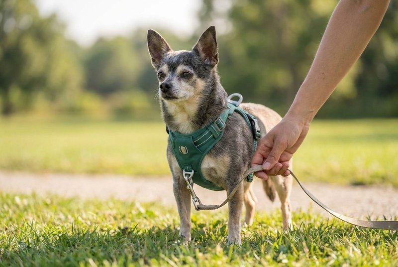 A small Chihuahua on a slack leash clipped to the chest ring of a green padded harness, with the throat completely clear