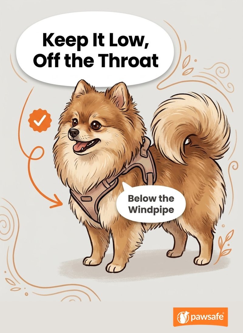 Illustration of a small dog in a harness whose neckline sits low on the chest, below the windpipe and off the throat