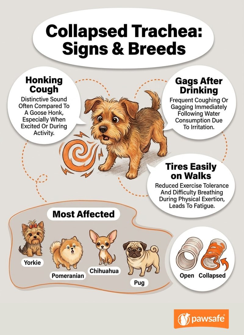 Illustration of collapsed trachea warning signs and the small breeds most affected - Yorkie, Pomeranian, Chihuahua, and Pug