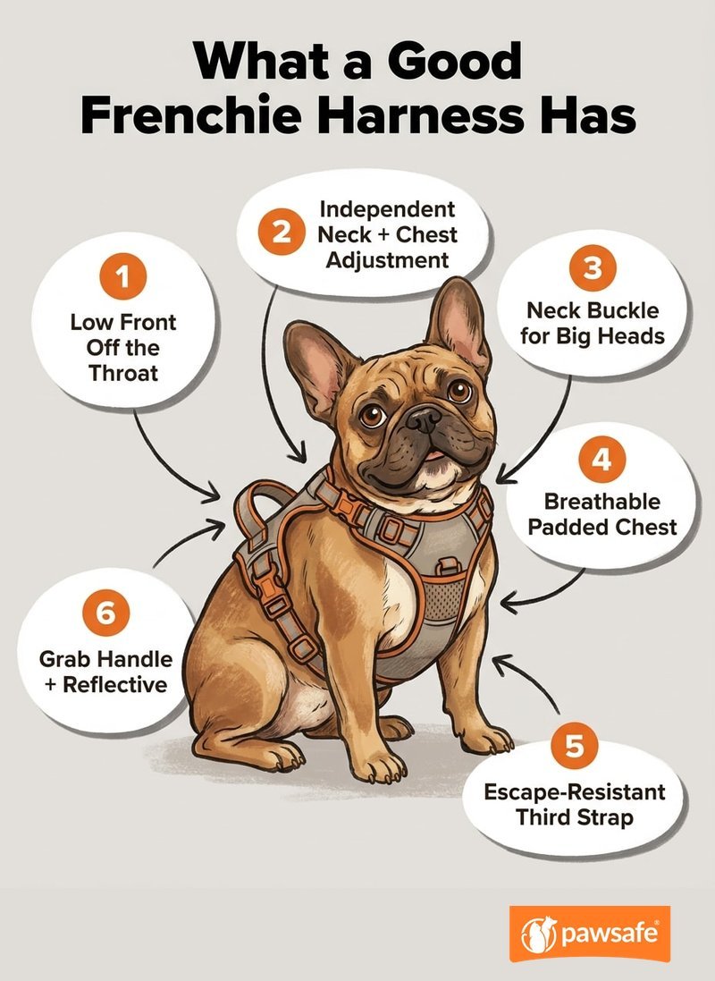 Labelled checklist of a well-fitting French Bulldog no-pull harness: low front, independent adjustment, neck buckle, padding, escape strap, handle