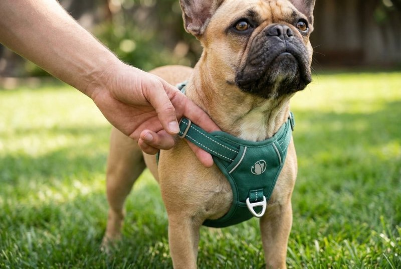 Owner slipping two fingers under the neck strap of a green harness on a French Bulldog to check the fit