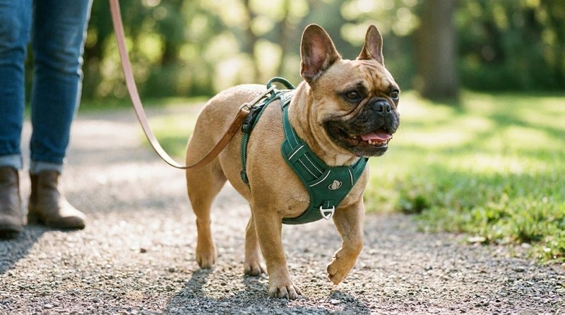 Fawn French Bulldog walking calmly on a loose leash in a green front-clip no-pull harness on a park path