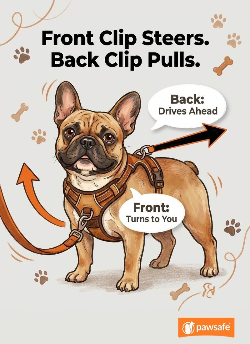 Illustration of a French Bulldog showing a front clip steering the dog toward the owner versus a back clip letting it pull ahead