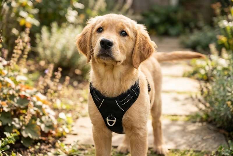 A golden retriever puppy standing in a well-fitted black no-pull harness on a garden path