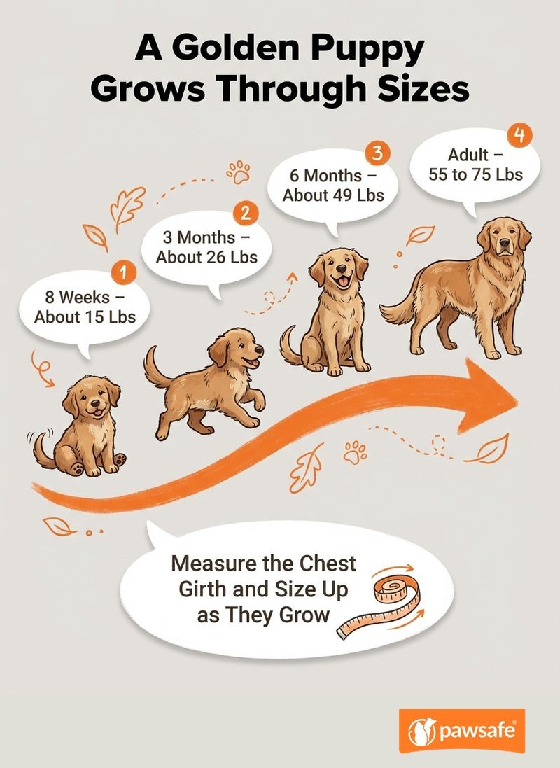 Golden retriever puppy harness sizing timeline from 8 weeks to adult by weight
