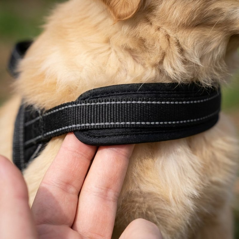 Close-up of two fingers checking the snug fit under a golden retriever puppy's harness strap