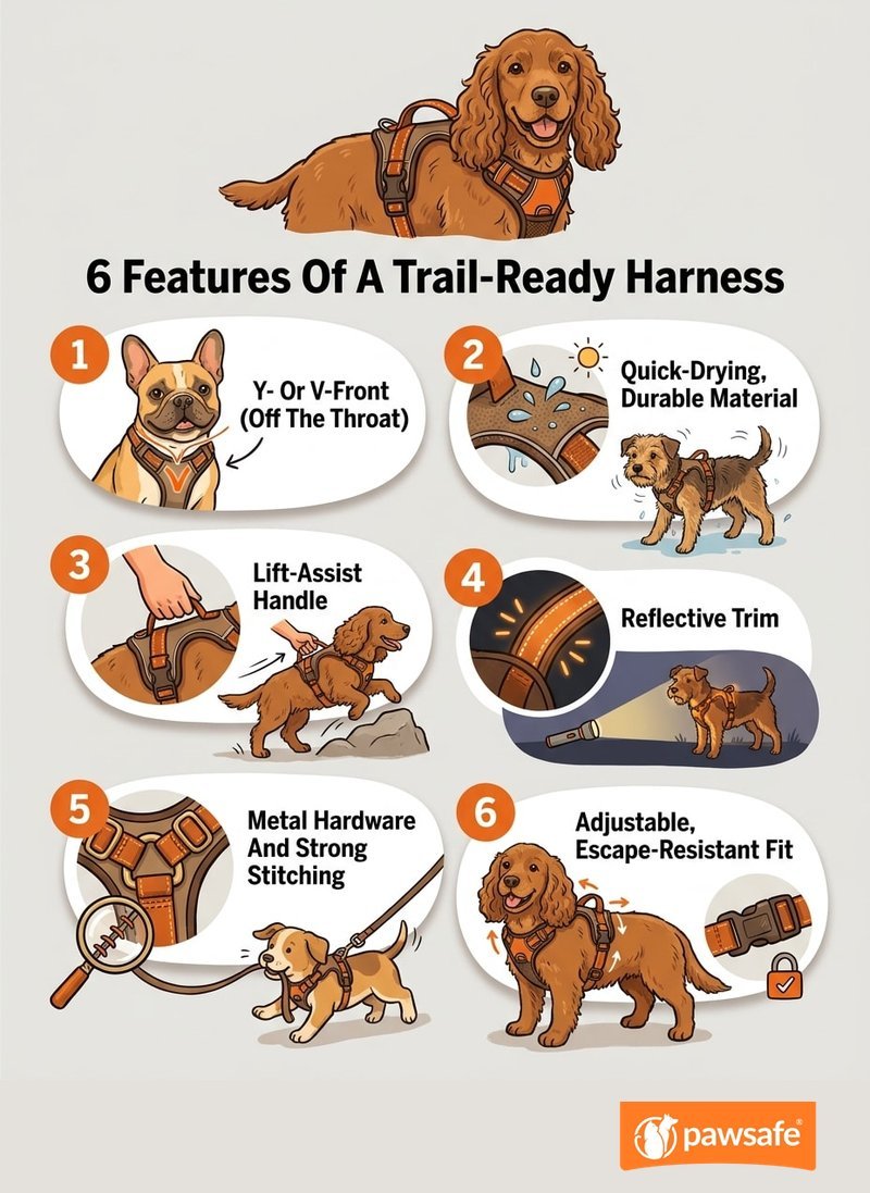 Infographic checklist of six trail-ready dog harness features: Y-front, durable material, handle, reflective trim, metal hardware, adjustable fit