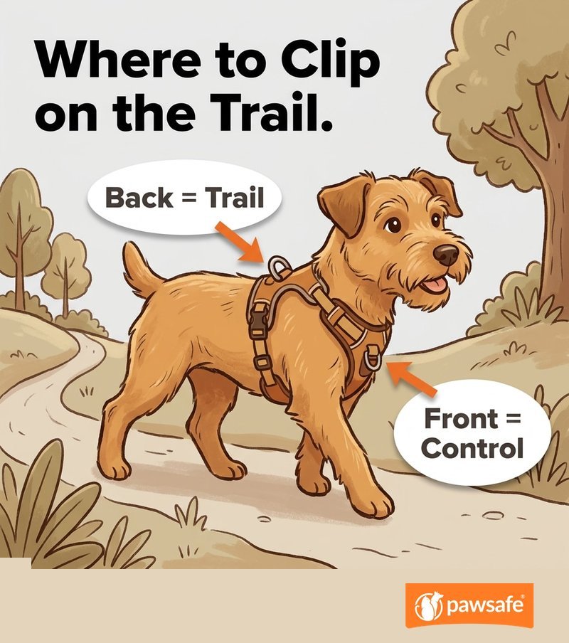Illustration of a dog hiking harness showing the back clip for the trail and the front clip for control