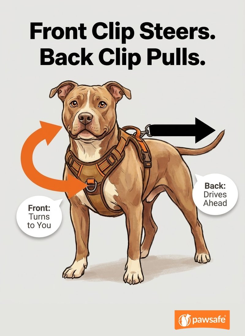 Illustration of a pit bull showing a front clip steering the dog toward the owner versus a back clip giving it forward leverage