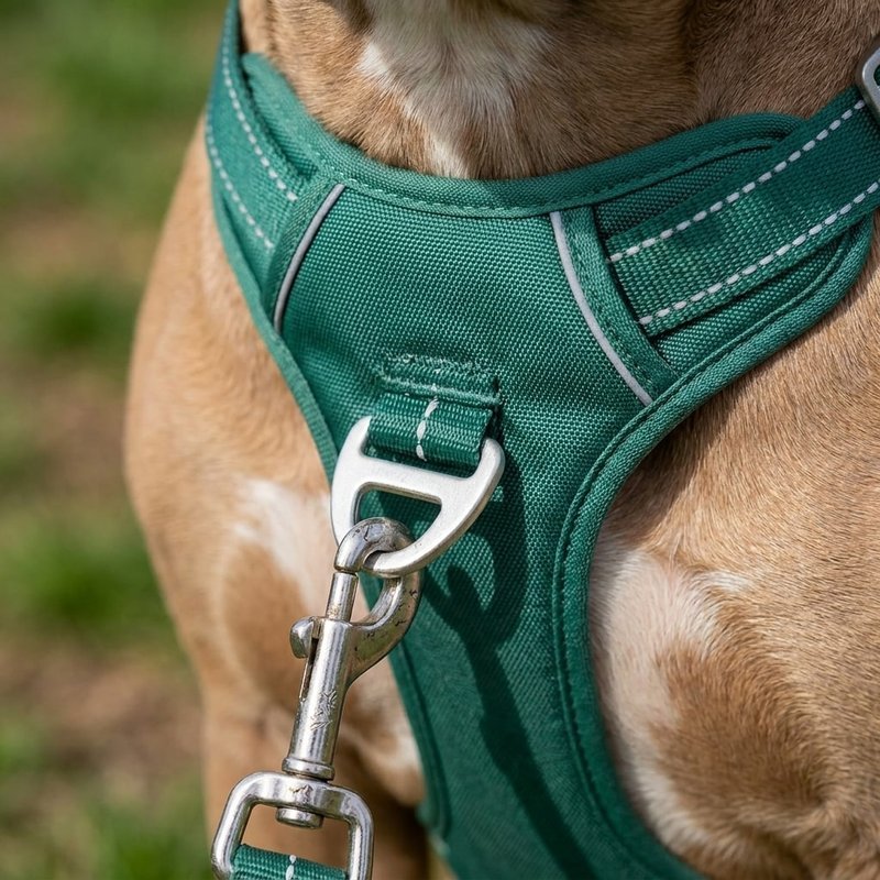 Close-up of a green PawSafe harness on a pit bull's chest showing the aluminum front load ring, padded plate, and reflective stitching