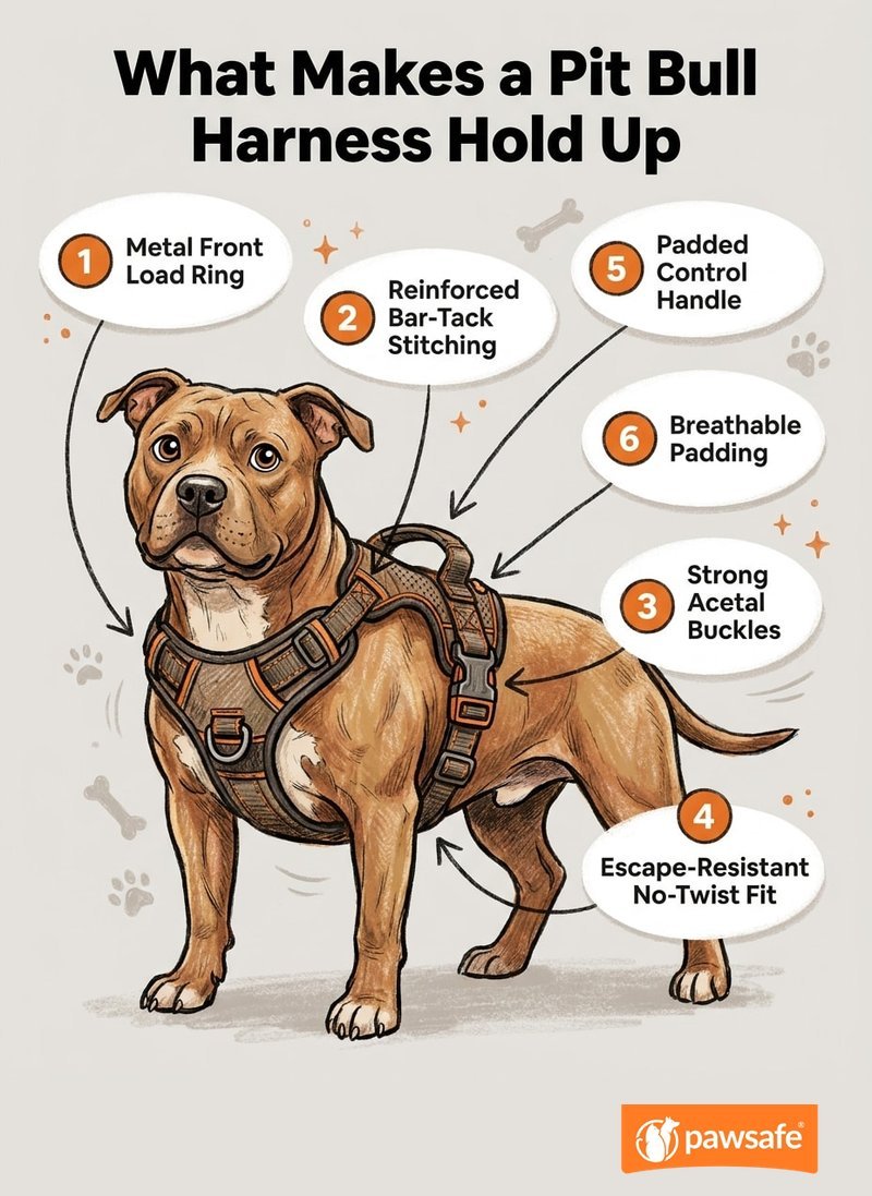 Labelled checklist of a heavy-duty pit bull no-pull harness: metal ring, reinforced stitching, strong buckles, no-twist fit, handle, padding
