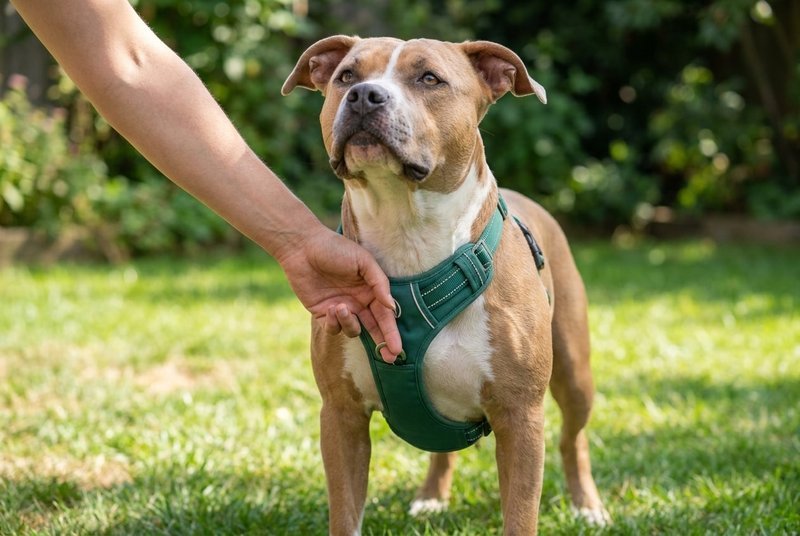 Owner slipping two fingers under the strap of a green harness on a muscular pit bull to check the fit