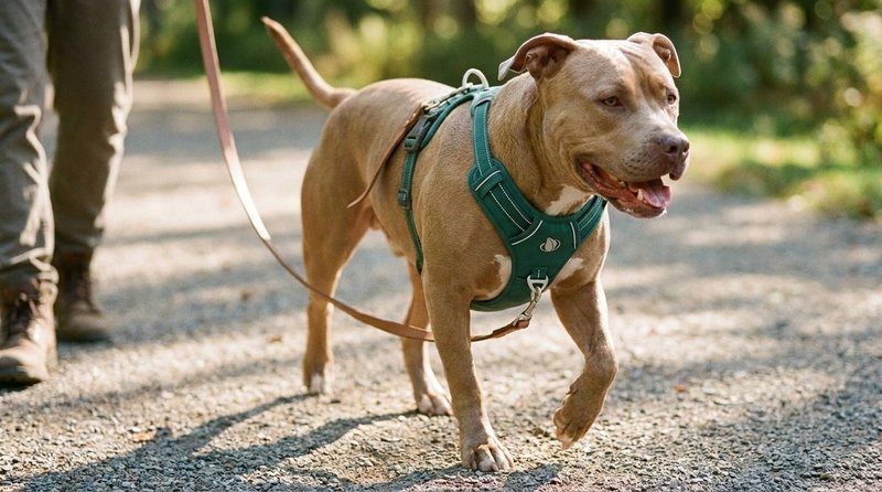 Muscular pit bull walking calmly on a loose leash in a sturdy green no-pull harness on a park path
