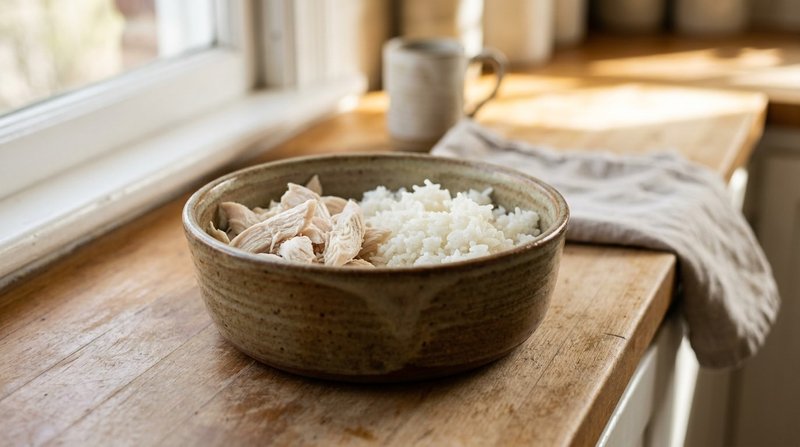 Bowl of plain boiled chicken and white rice on a kitchen counter, prepared as a bland diet for a dog