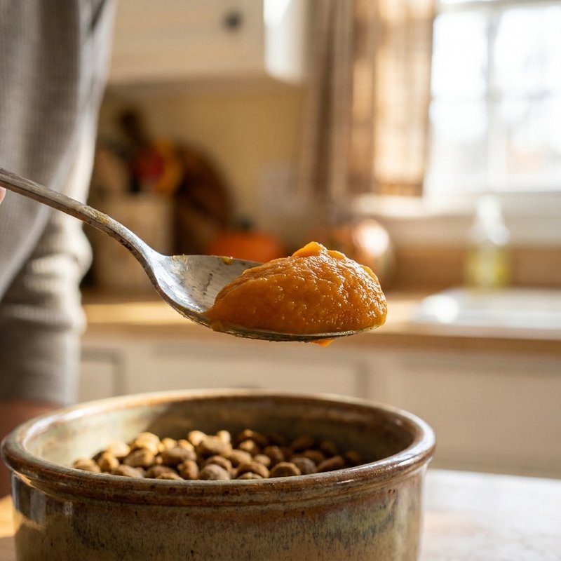 Close-up of a spoonful of plain canned pumpkin puree held over a dog's food bowl