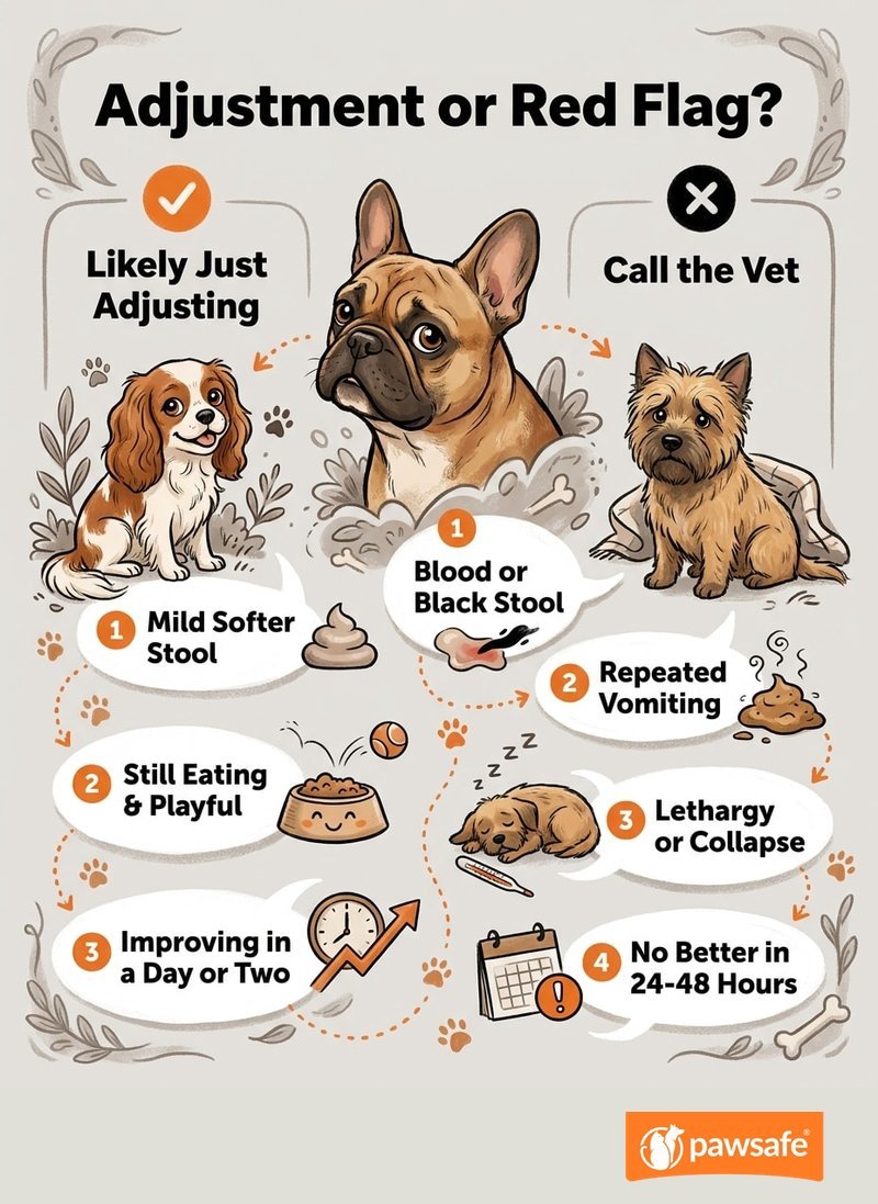 Infographic contrasting a mild probiotic adjustment with red-flag symptoms that mean call the vet