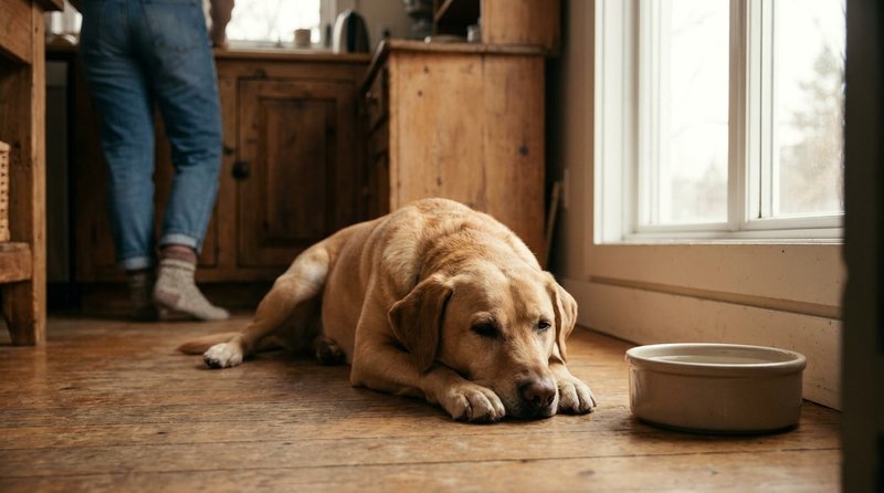 Dog lying calmly on the kitchen floor next to its water bowl, looking a little subdued