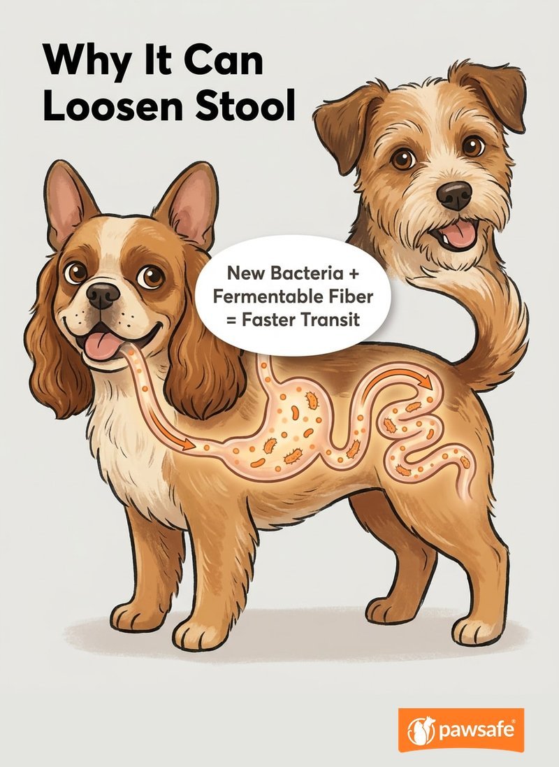 Illustration showing how new bacteria and fermentable fiber in a probiotic can temporarily loosen a dog's stool