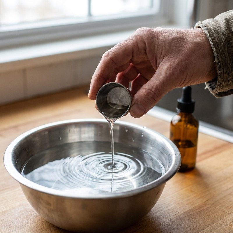Close-up of a measuring spoon of dental water additive being added to a dog's bowl of water