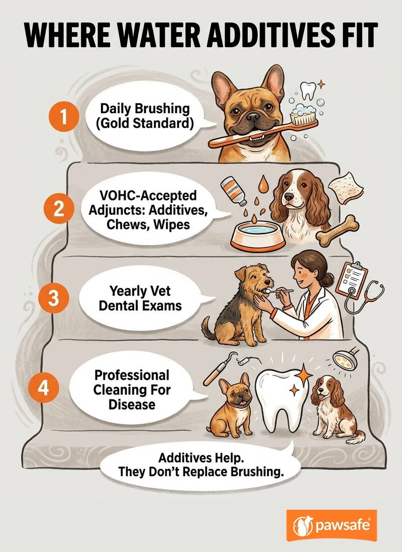 Infographic of a dog dental care hierarchy: daily brushing, evidence-backed adjuncts like water additives, regular vet exams, and professional cleanings