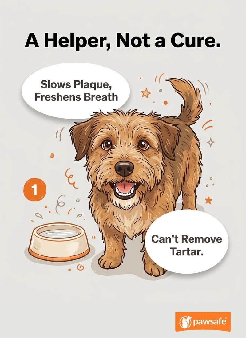 Illustration showing what a dog water additive can do - slow plaque, freshen breath - versus what it can't do, like remove tartar or clean below the gumline