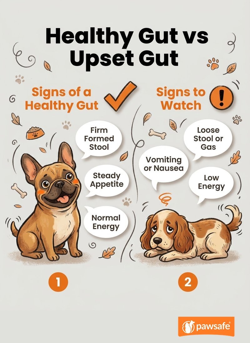 Illustrated comparison of signs of a healthy dog gut versus an unhealthy gut