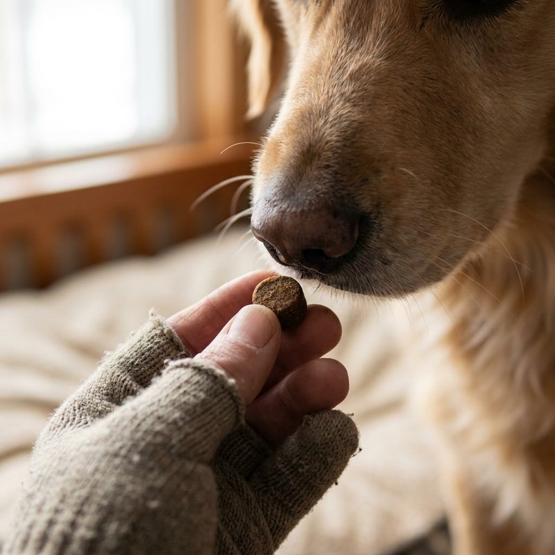 Hand offering a probiotic soft chew to a dog at home