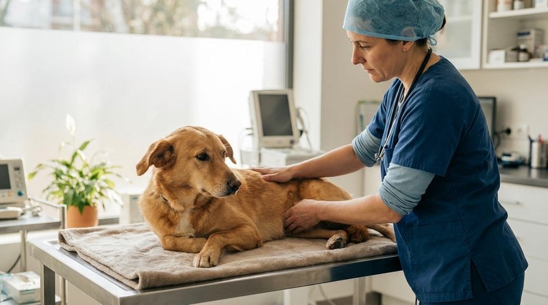 Veterinarian gently examining a calm dog on an exam table