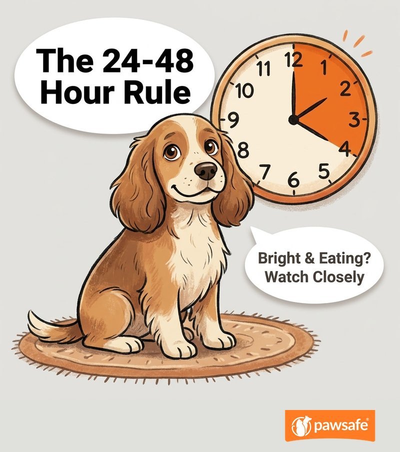 Illustration of the 24 to 48 hour rule - a bright, eating dog with mild diarrhea can usually be monitored at home