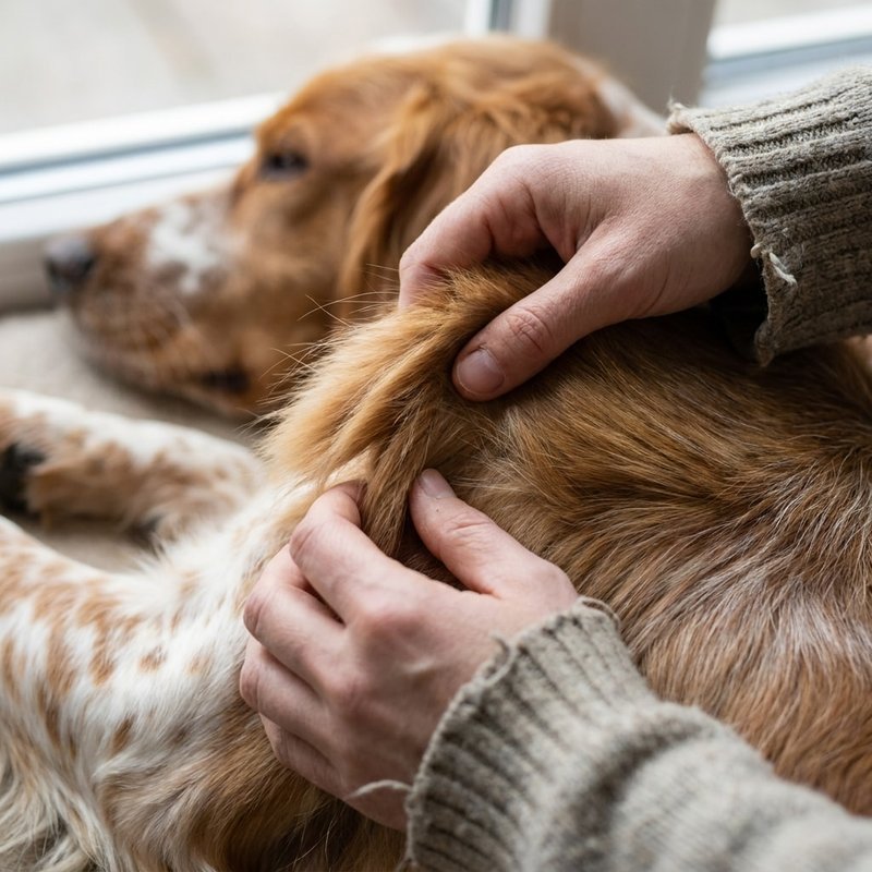 Close-up of an owner checking a dog's hydration with the skin-tent test over the shoulder, a simple at-home screening