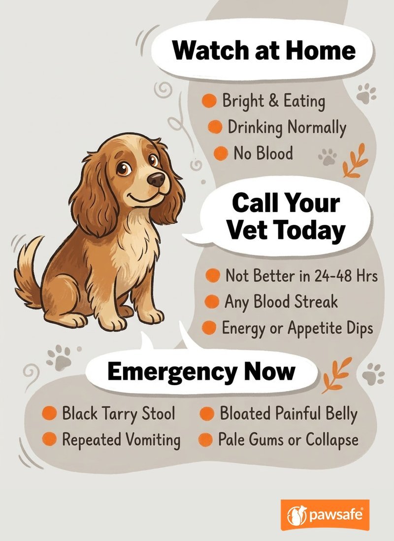 Decision guide for dog diarrhea: watch at home, call the vet today, or go to emergency - with the key signs under each