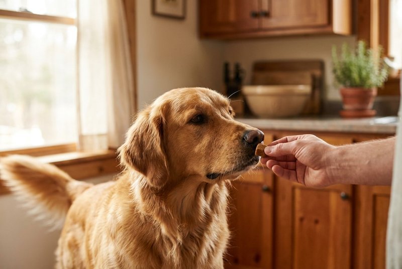 Person's hand offering a soft chew supplement to an attentive Labrador in a kitchen