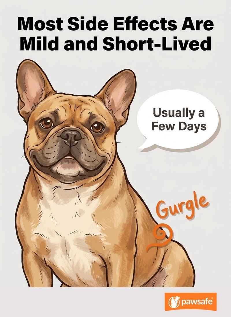Illustration showing most dog probiotic side effects are mild and short-lived as the gut adjusts