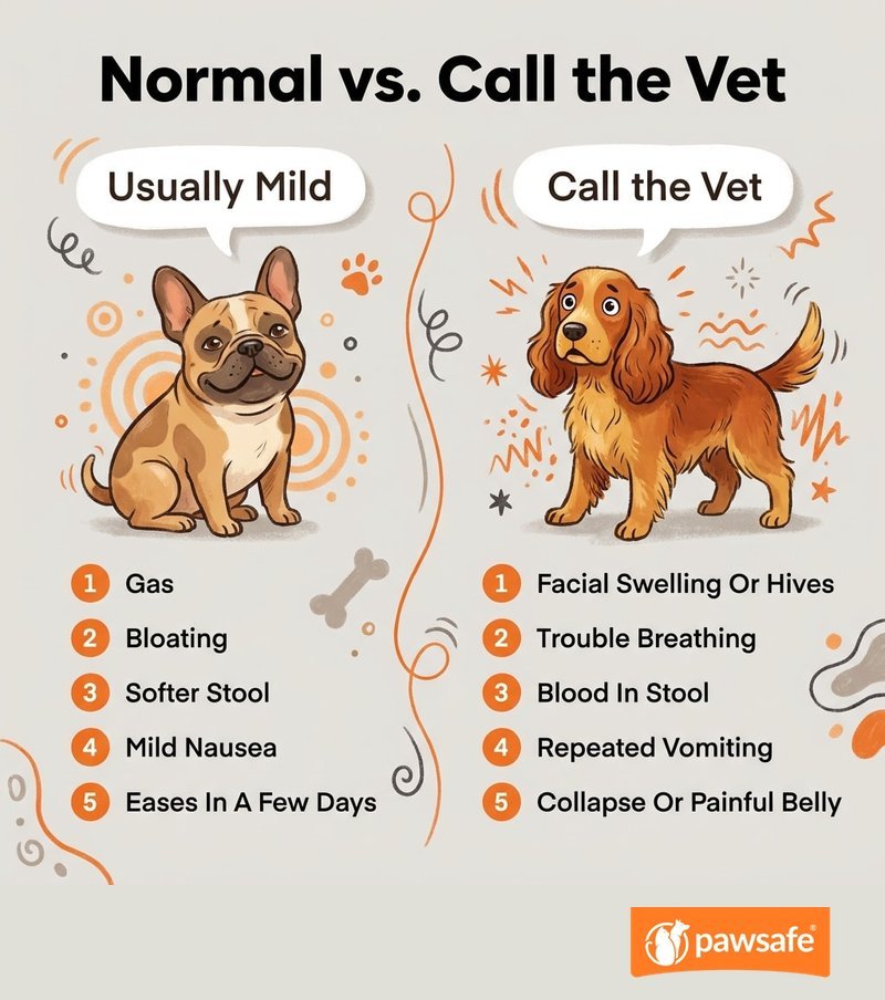 Infographic comparing normal, mild dog probiotic side effects versus red-flag signs that require a vet