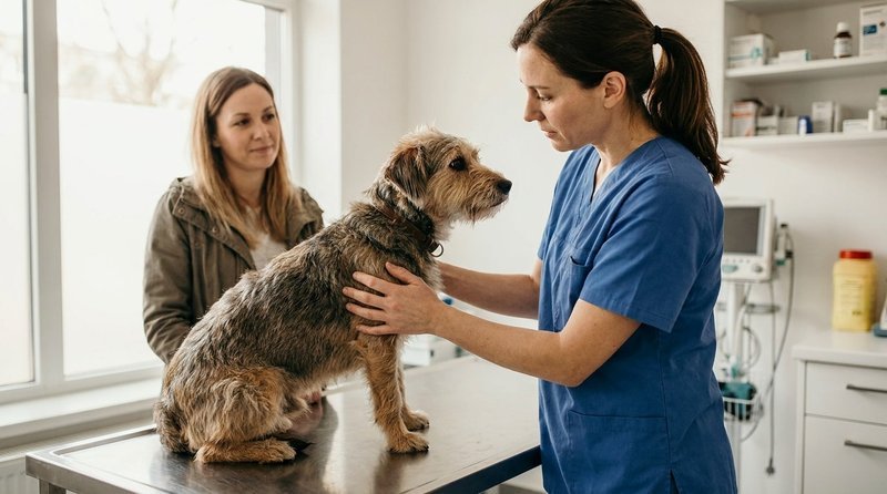 Veterinarian examining a dog on a clinic exam table while the owner watches