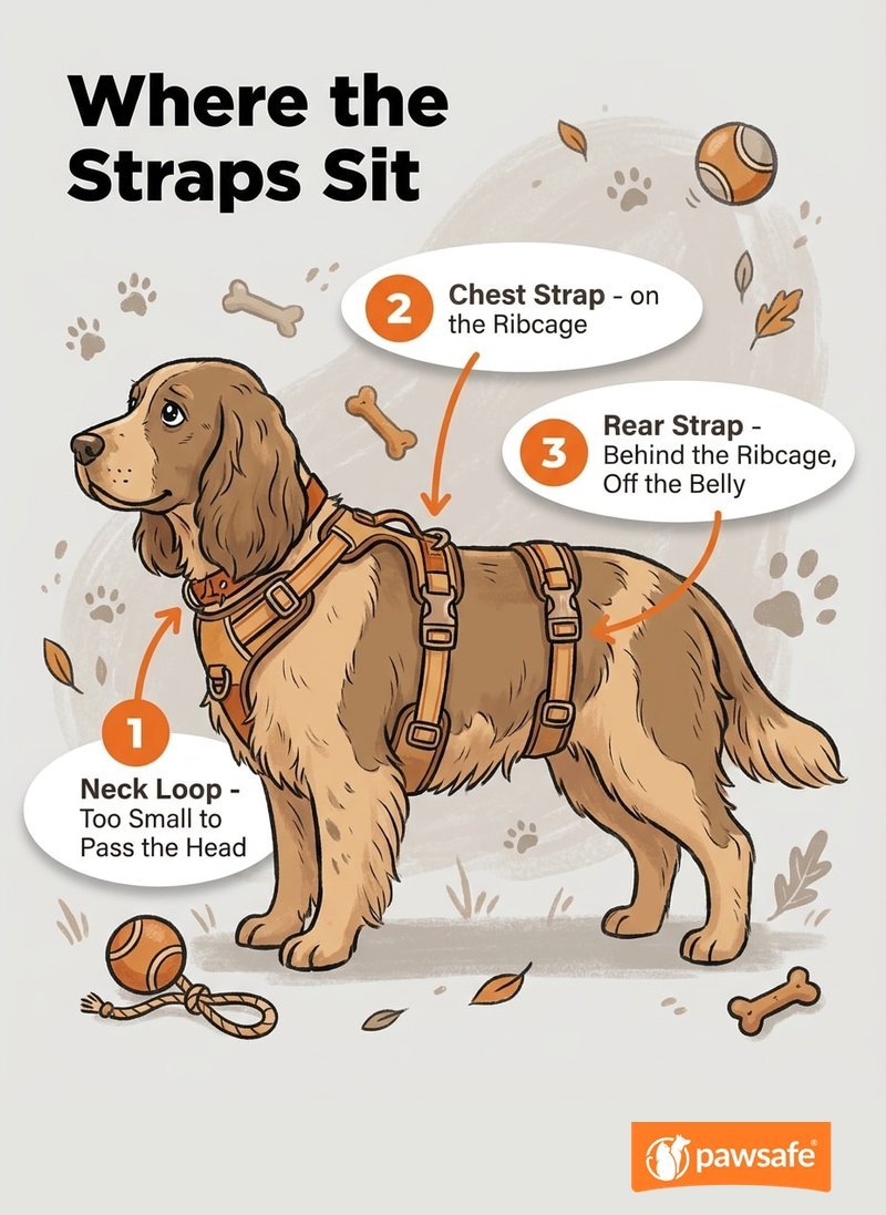 Anatomy diagram of a three-strap escape-proof harness: neck loop, chest strap on the ribs, and rear strap behind the ribcage