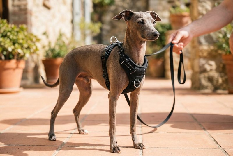 Small Italian Greyhound wearing a snug black PawSafe no-pull harness fitted correctly at the chest and neck