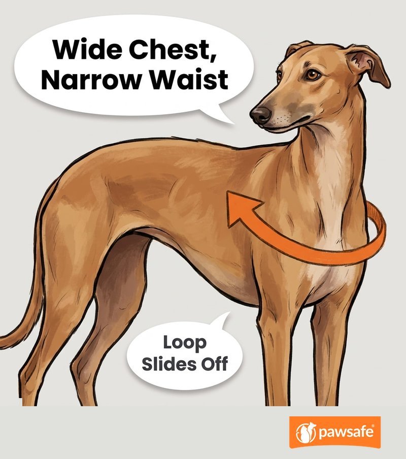 Illustration showing a dog's wide chest and narrow waist, so a loose harness loop slides off forward