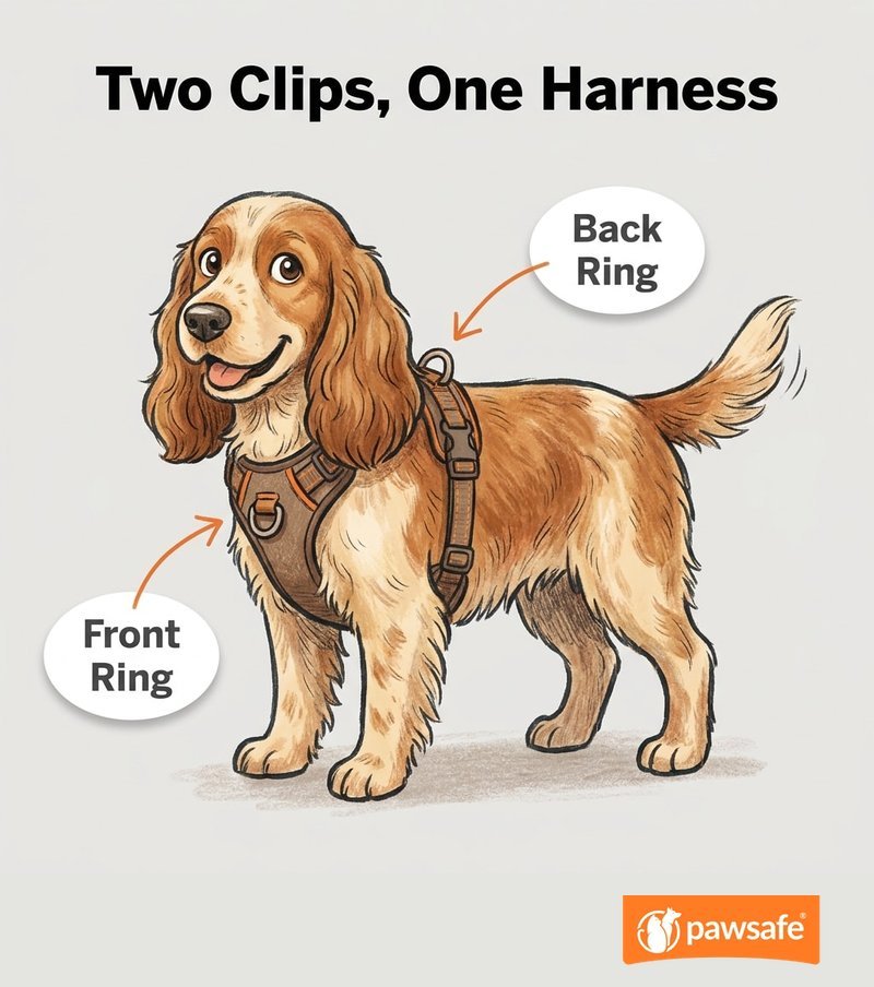 Illustration of a dual-clip dog harness showing the front chest ring and the back ring
