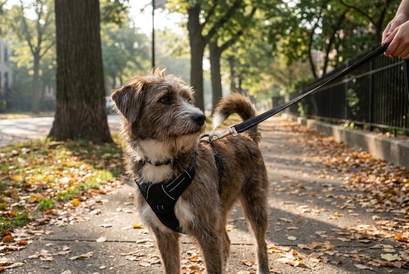 A dog on a front-clip harness turning back toward its owner during a city walk